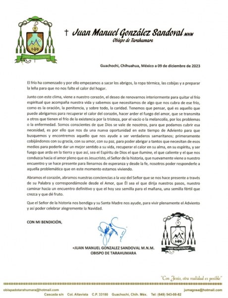 Mensaje de Juan Manuel González Sandoval, obispo de la Tarahumara