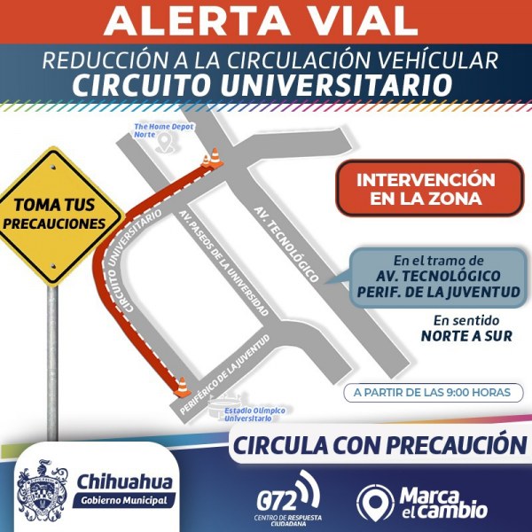 ¡Alerta Vial! Circula con precaución mañana jueves por intervención en Circuito Universitario