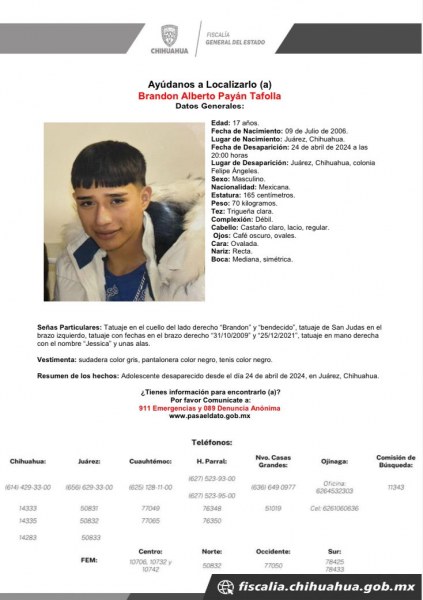 Piden ayuda para localizar a menor de edad desaparecido en Ciudad Juárez