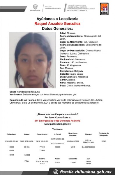 Buscan a menor de edad desaparecida en Ciudad Juárez