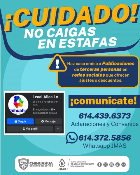 Emite JMAS Chihuahua alerta por estafador que ofrece falsos descuentos a usuarios en Facebook