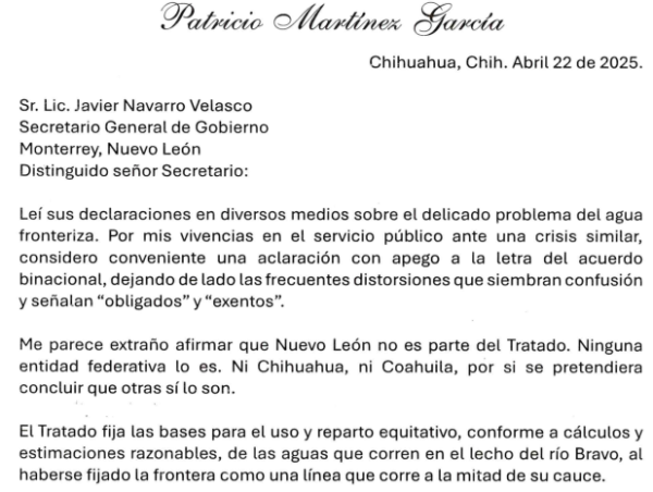 El Tratado no obliga a México a fabricar agua: Patricio Martínez