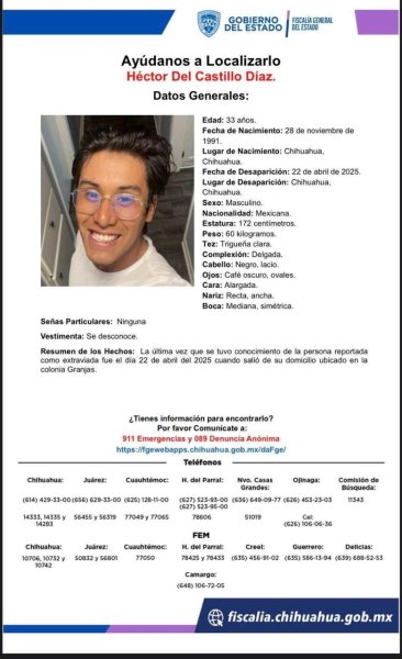 Se solicita su ayuda para localizar a Héctor Del Castillo Díaz