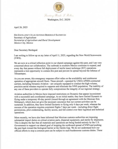 Secretaria de Agricultura de EU envía carta a su homólogo en México por tema del gusano barrenador
