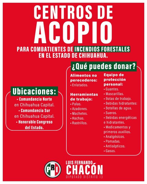 Habilita Luis Fernando Chacón centros de acopio en apoyo a combatientes de incendios