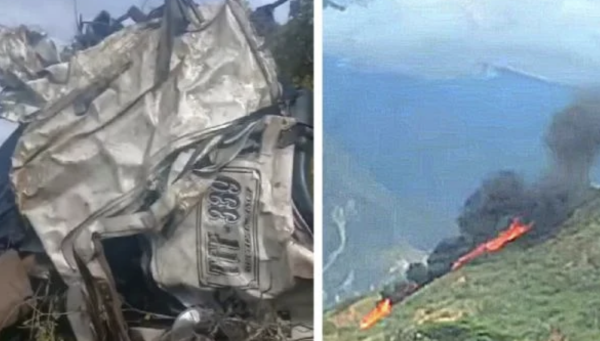 Camión cisterna se incendia tras caer a un barranco de 150 metros; el chofer murió (Video)