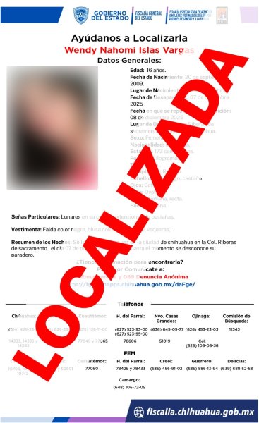 Localiza FEM en Santa Bárbara a adolescente ausente en la ciudad de Chihuahua