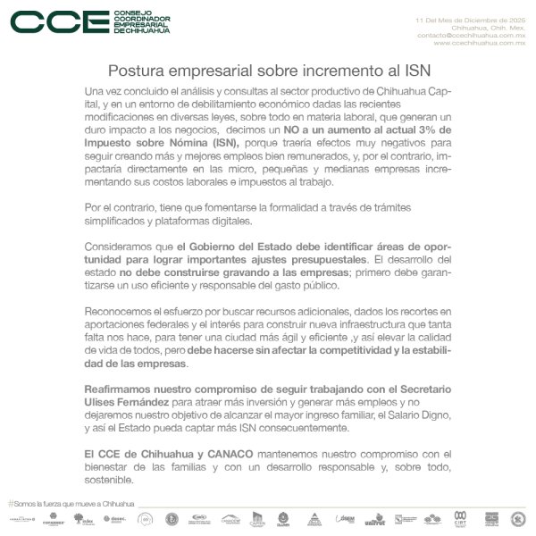 CCE y CANACO Chihuahua rechazan aumento al ISN y piden alternativas para equilibrar finanzas estatales