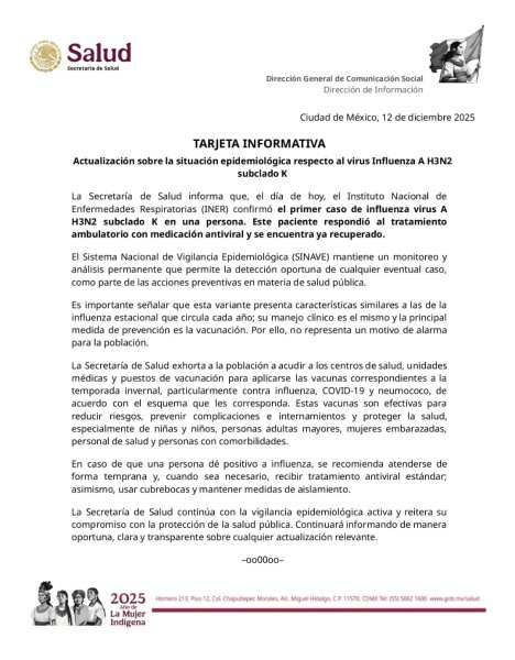 Refuerzan medidas contra influenza en México tras detectar nueva variante H3N2 subclado K