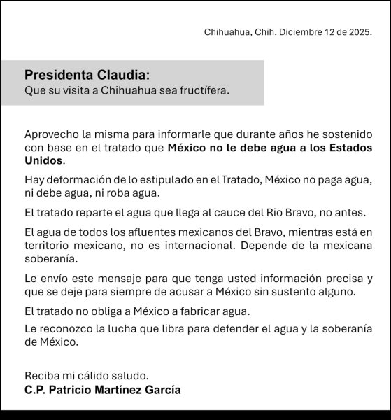 Patricio Martínez lanza mensaje sobre Tratado de Aguas Internacionales durante estadía de Sheinbaum en Chihuahua