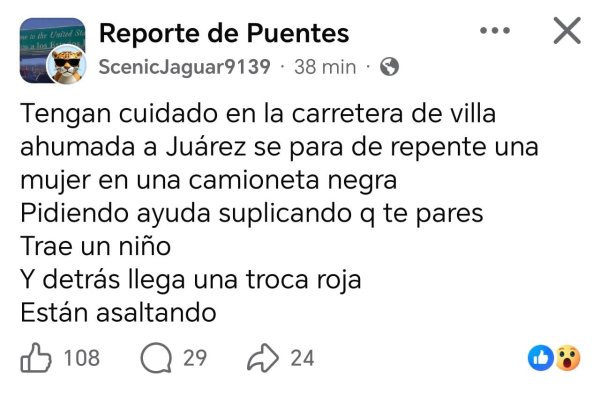 Alertan en redes sobre asaltos en carretera Chihuahua a Juárez