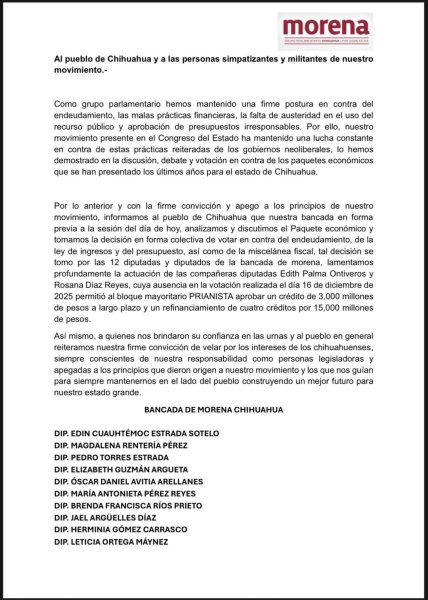 Grupo Parlamentario de Morena confirma que ausencias de diputadas del partido permitieron nuevo endeudamiento