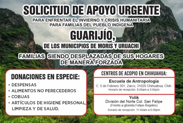 Escuela de Antropología realiza colecta para familias Guarijías; solicitan donaciones de la ciudadanía