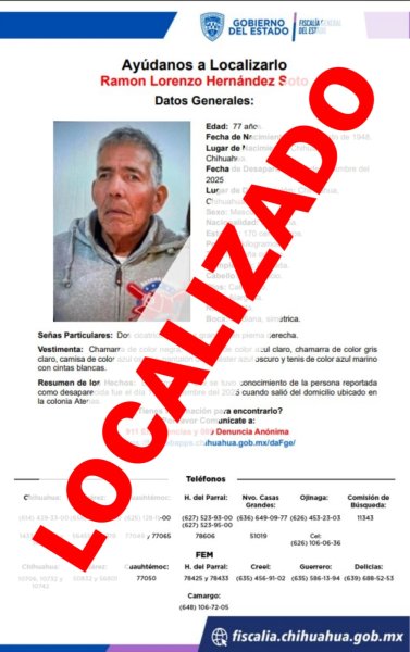Localiza Fiscalía de Distrito a adulto mayor con reporte de ausencia en la ciudad de Chihuahua