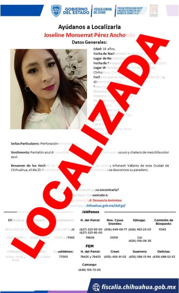 Localiza FEM sana y salva a joven mujer ausente en la ciudad de Chihuahua