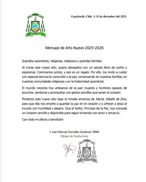 Obispo de la Tarahumara llama a fortalecer la paz y la comunión en el inicio del año 2026