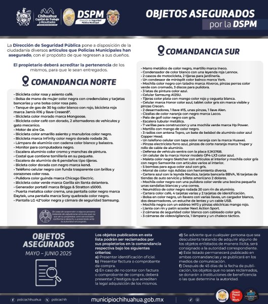 Publica Policía Municipal lista de objetos recuperados para que sean reclamados por sus dueños