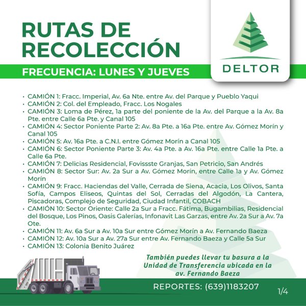 Anuncia Deltor rutas de recolección en Delicias y llama a ciudadanía a estar pendiente