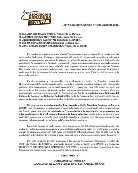Ganaderos de Altar lanzan carta abierta y exigen cierre de frontera sur; el documento circula en redes