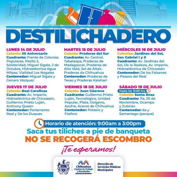 Estará Destilichadero en 7 colonias del 14 al 19 de julio