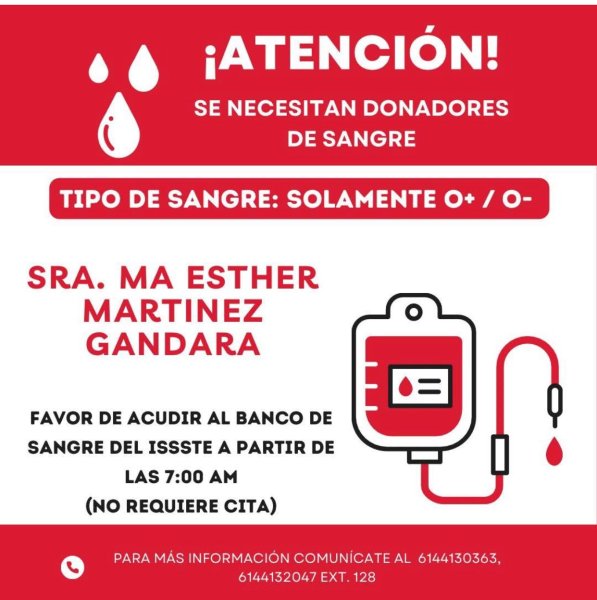 Familiares de Ma. Esther Martínez Gándara solicitan con urgencia donadores de sangre tipo O+ y O-