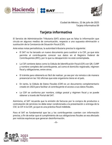 SAT aclara que es falsa la información respecto a una supuesta eliminación o sustitución de la Constancia de Situación Fiscal