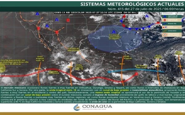 Monzón mexicano y onda tropical 15 dejarán fuertes lluvias este domingo