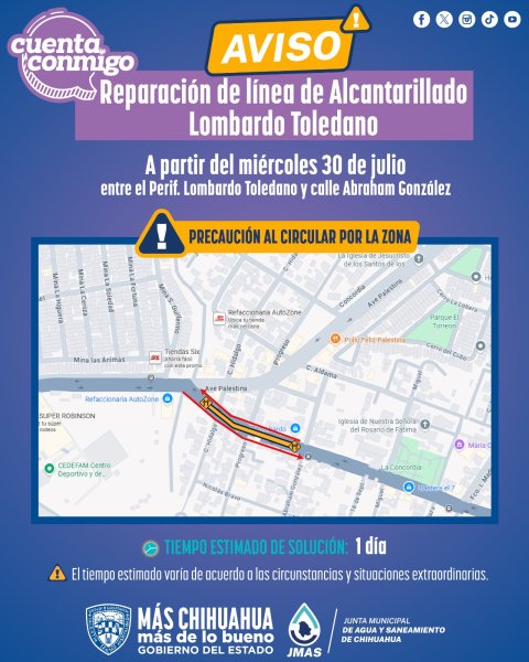 Realizará JMAS Chihuahua trabajos de reparación de línea de drenaje en periférico Lombardo Toledano este miércoles