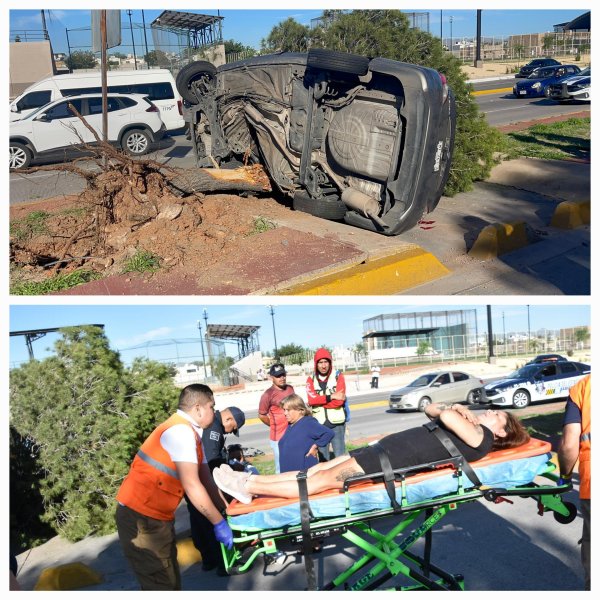 Conductora pierde el control, derriba árbol y vuelca sobre la vialidad Sacramento