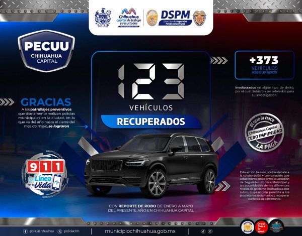 Recuperó Policía Municipal 123 automóviles robados de enero a mayo en la ciudad