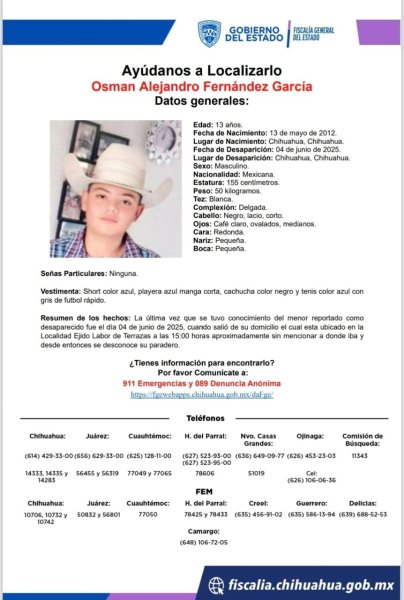 Se solicita ayuda para localizar a Osman Alejandro Fernández García, menor desaparecido