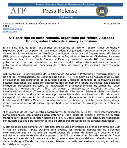 ATF participa en mesa redonda, organizada por México y Estados Unidos, sobre tráfico de armas y explosivos