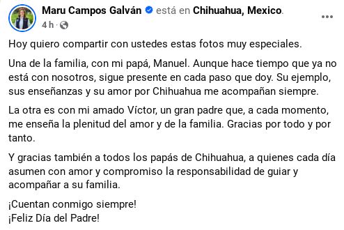 En redes sociales, Maru Campos felicita a los padres en su día