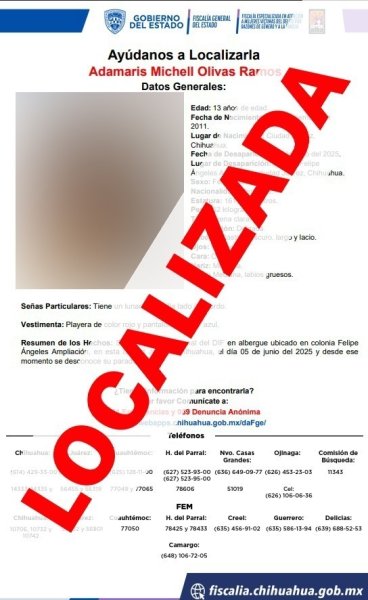 FEM localiza sana y salva a adolescente juarense en el municipio de Aldama