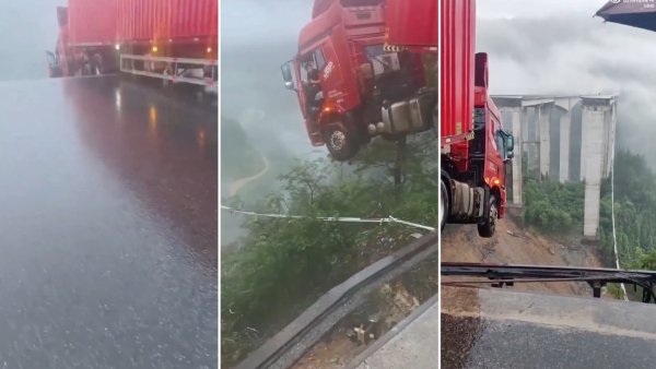 Camión queda colgado sobre el abismo tras el derrumbe de un puente (video)