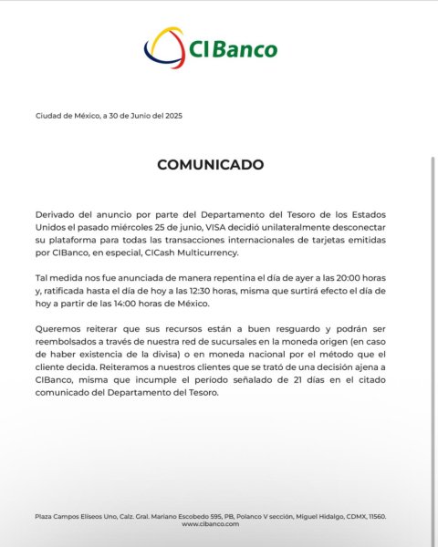 Visa bloquea transacciones internacionales de tarjetas CIBanco tras anuncio del Departamento del Tesoro de EU