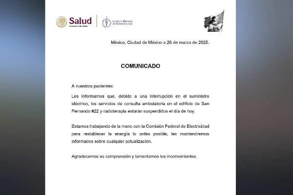 Instituto Nacional de Cancerología suspende consultas y cirugías por falta de luz