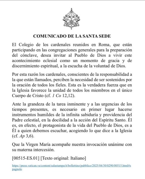 Cardenales piden a los fieles intensificar la oración hacia el Cónclave
