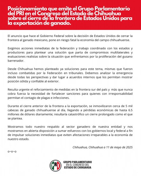 Diputados del PRI exigen al Gobierno Federal que actué inmediatamente tras cierre exportaciones de ganado a EU