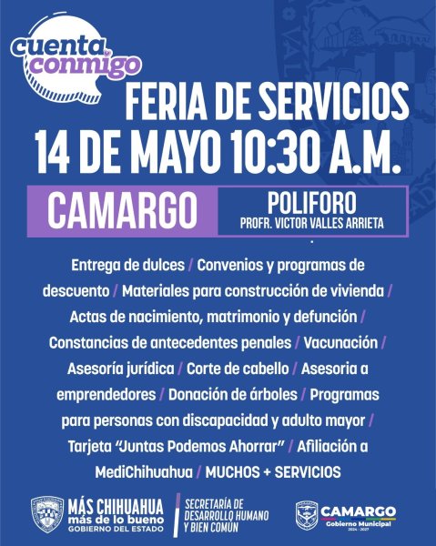 Municipio y Estado invitan a la Feria de Servicios este miércoles 14 de mayo en Camargo
