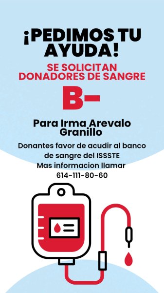 Se solicitan donadores de sangre tipo B- para la señora Irma Arevalo Granillo