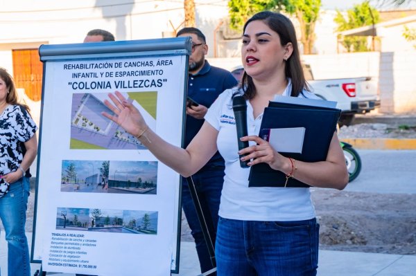 Anuncia Miriam Soto rehabilitación de canchas deportivas en la Col. Villezcas en Meoqui