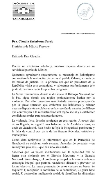 Envía carta el Obispo de Tarahumara, Mons. Juan Manuel González Sandoval a Claudia Sheinbaum