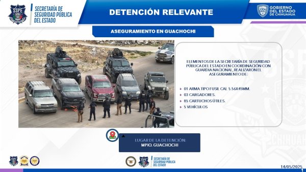 Tras hechos violentos en Guachochi asegura SSPE armas de fuego, vehículos, cartuchos útiles y chalecos antibalas