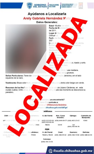 Localizan sana y salva a menor reportada ausente en Ciudad Juárez
