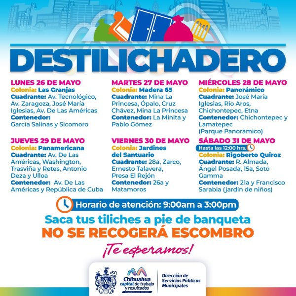 Estará Destilichadero en seis colonias en la última semana de mayo