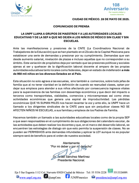 La UNPF llama a grupos de maestros y a las autoridades locales educativas y de la SEP a que no dejen a los niños de México sin clase y sin escuelas