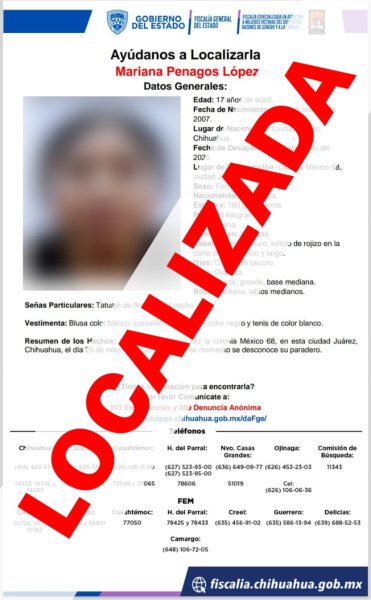Localiza FEM a adolescente con reporte de ausencia en Ciudad Juárez