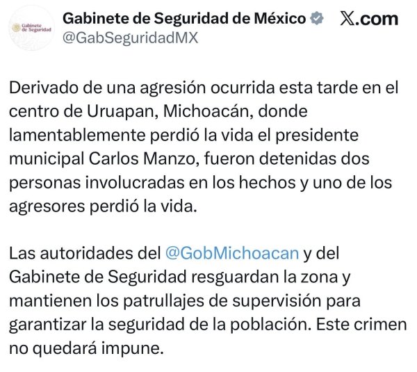Fallece Carlos Manzo alcalde de Uruapan tras agresión en el centro histórico de Uruapan