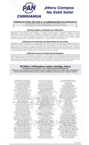 Panistas firman desplegado en apoyo de Maru Campos y en contra de Luisa Alcalde